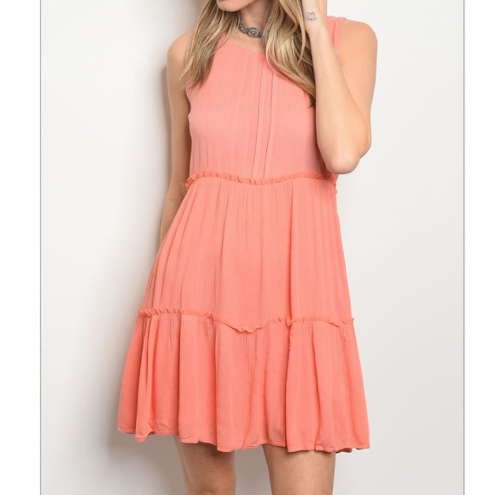 Coral Sleeveless Tiered Flowy Dress - Picture 2 of 3